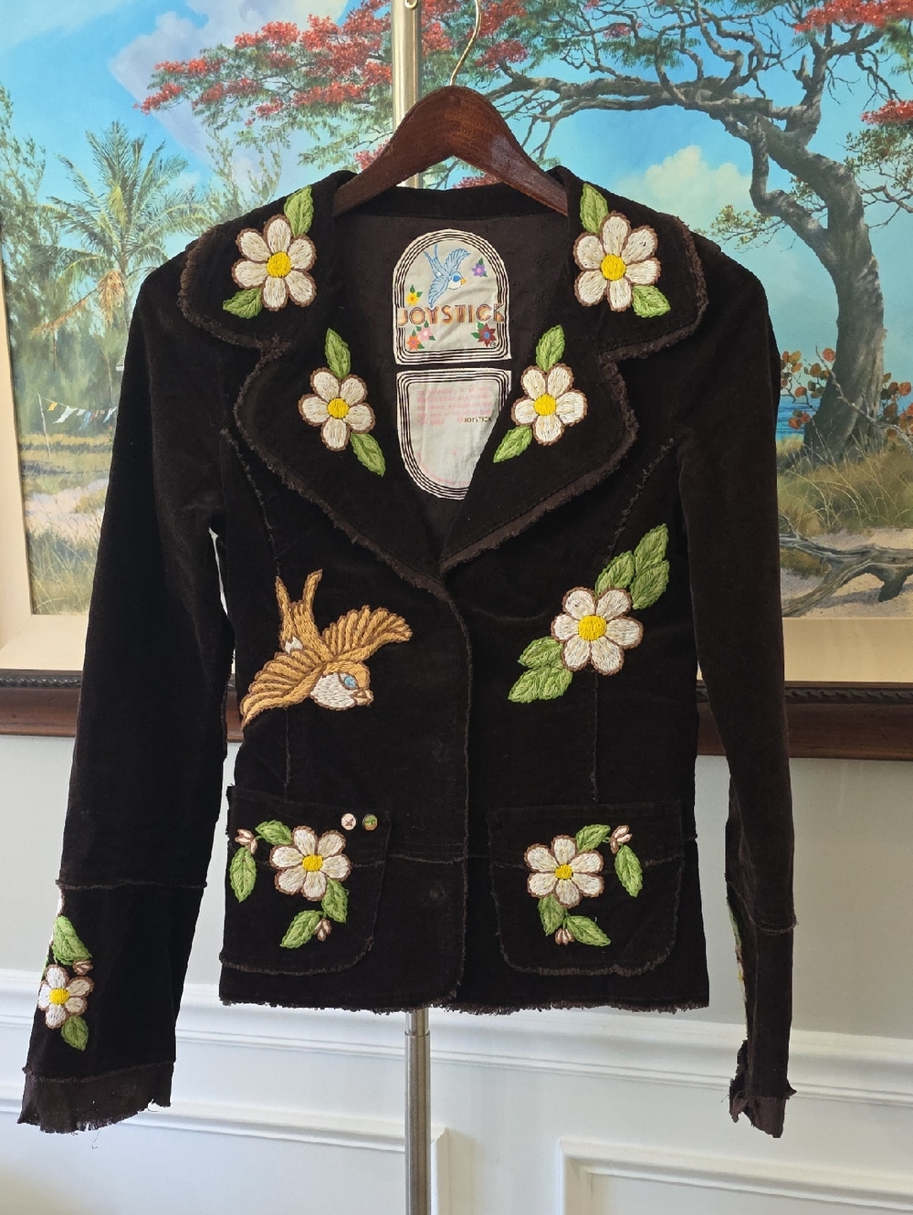 JoyStic Brown Velvet Floral Embroidered Blazer